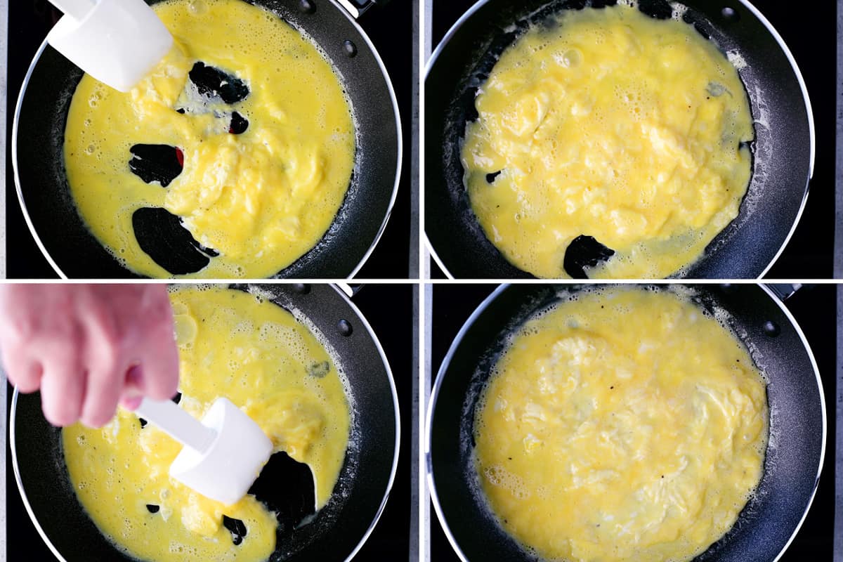 Collage showing how to cook eggs for omelette.