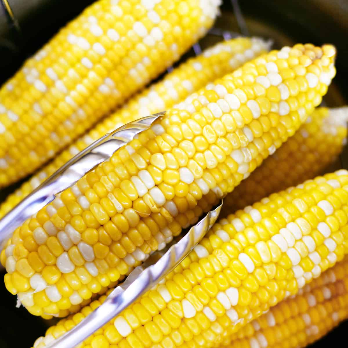 Tongs removing corn on the cob from an instant pot.