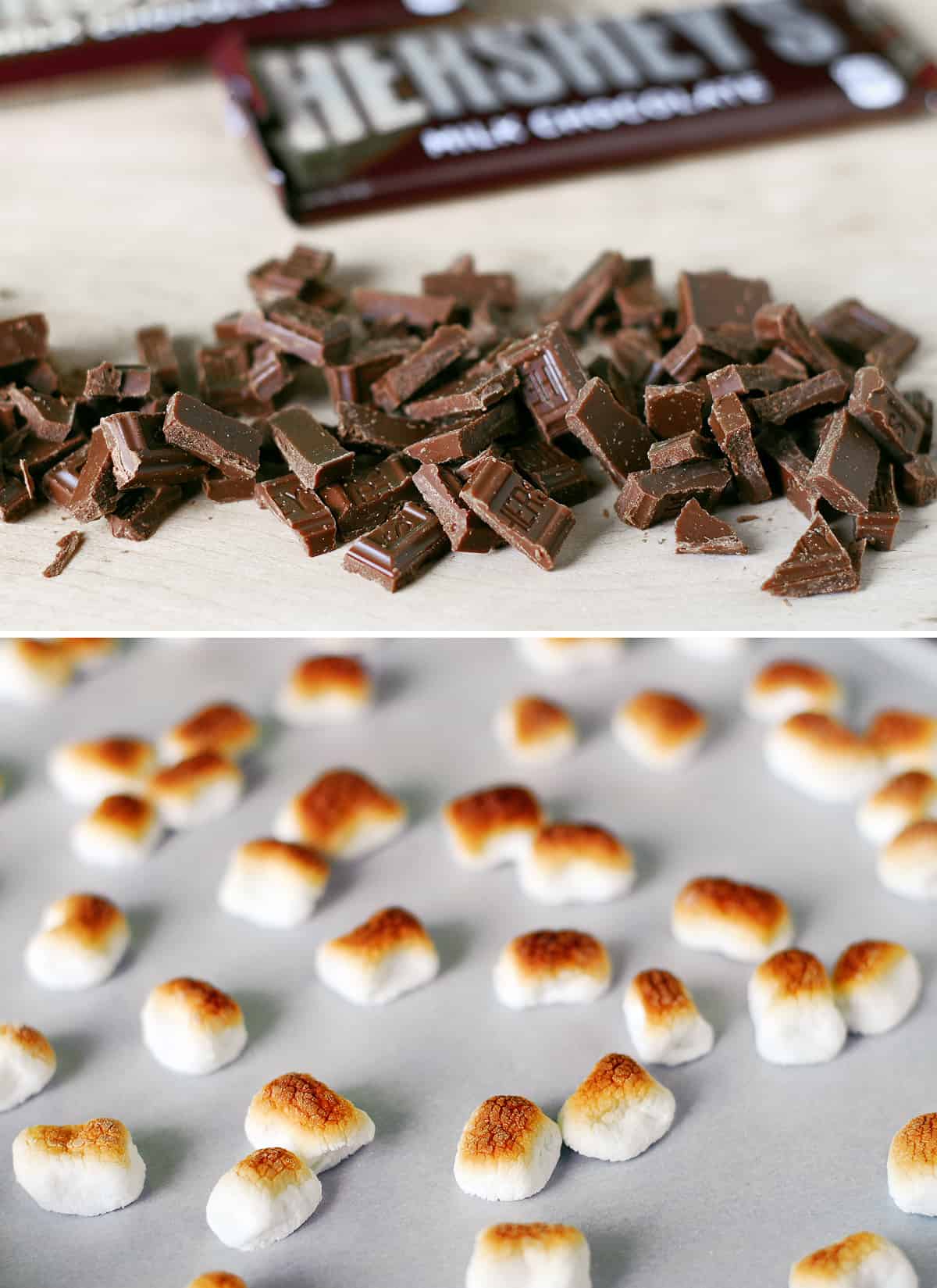 chopped chocolate bar and toasted marshmallows.