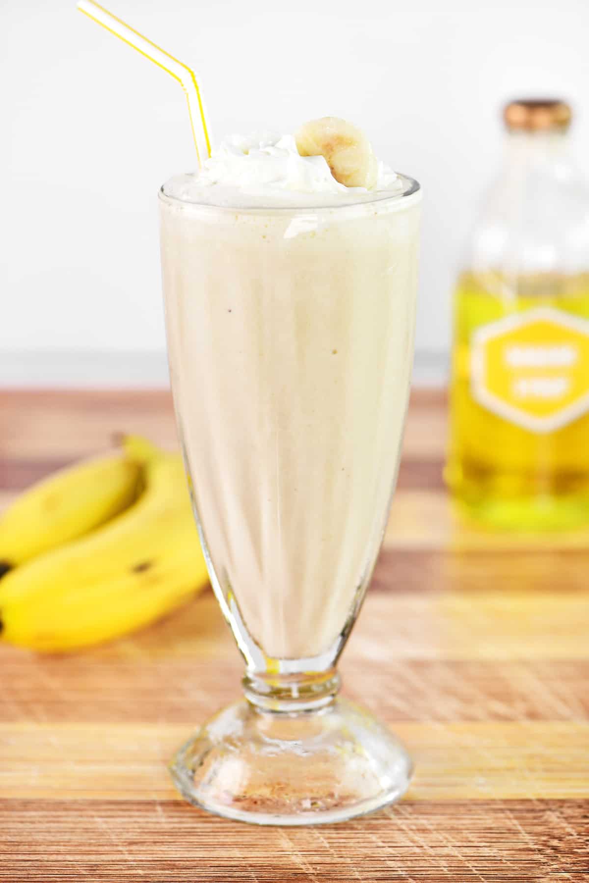 Banana milkshake in a glass.