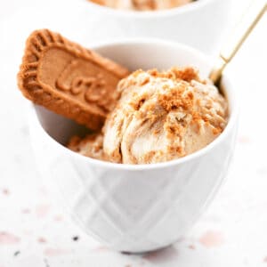 Biscoff ice cream in white bowl with Lotus cookie.