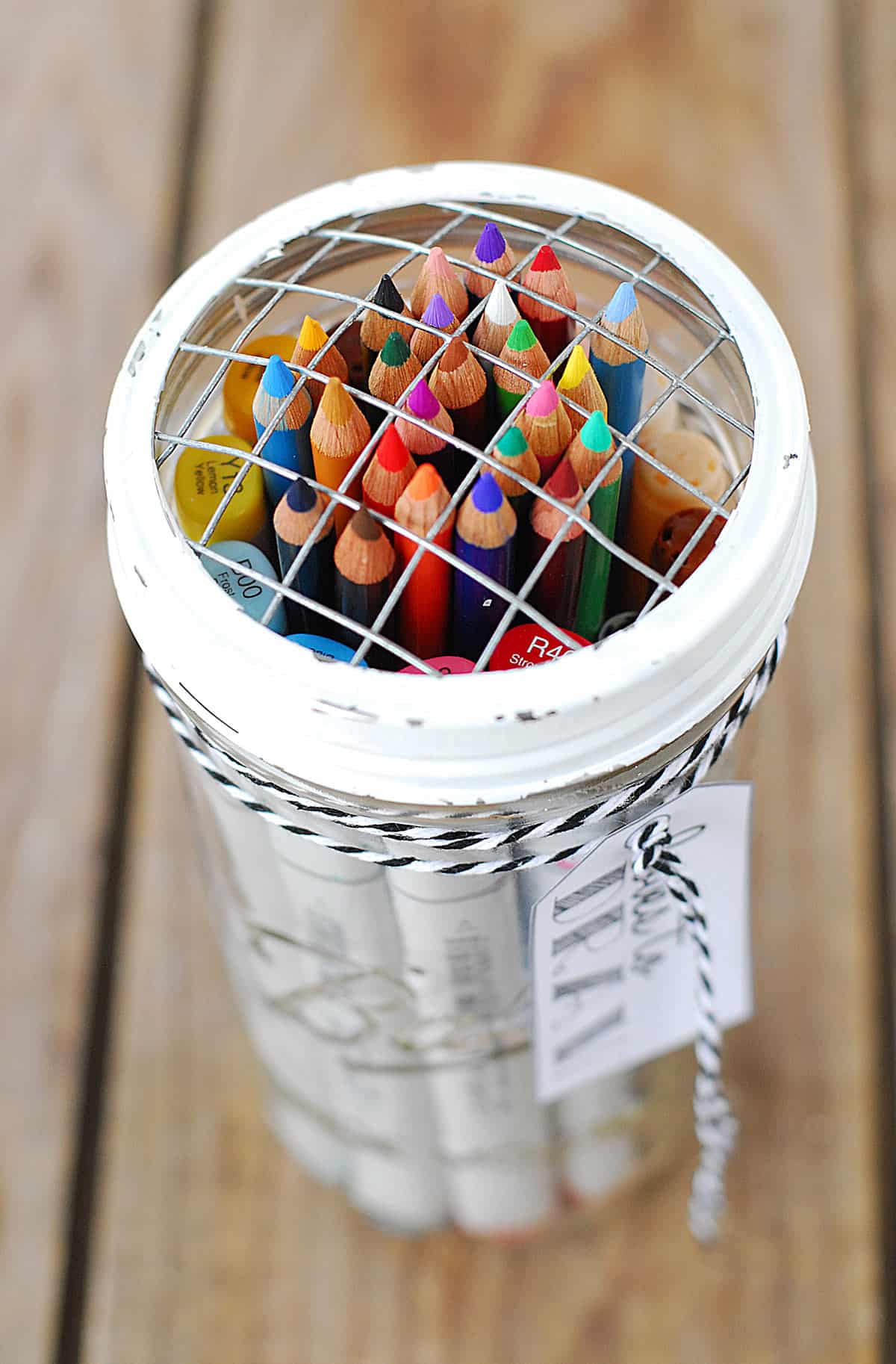 Colored pencils in a mason jar.