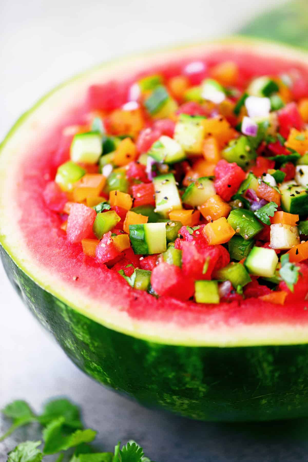 Watermelon salsa in a watermelon bowl.
