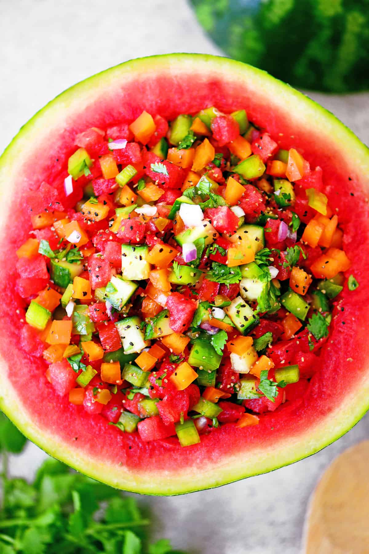 Watermelon salsa in a watermelon bowl.