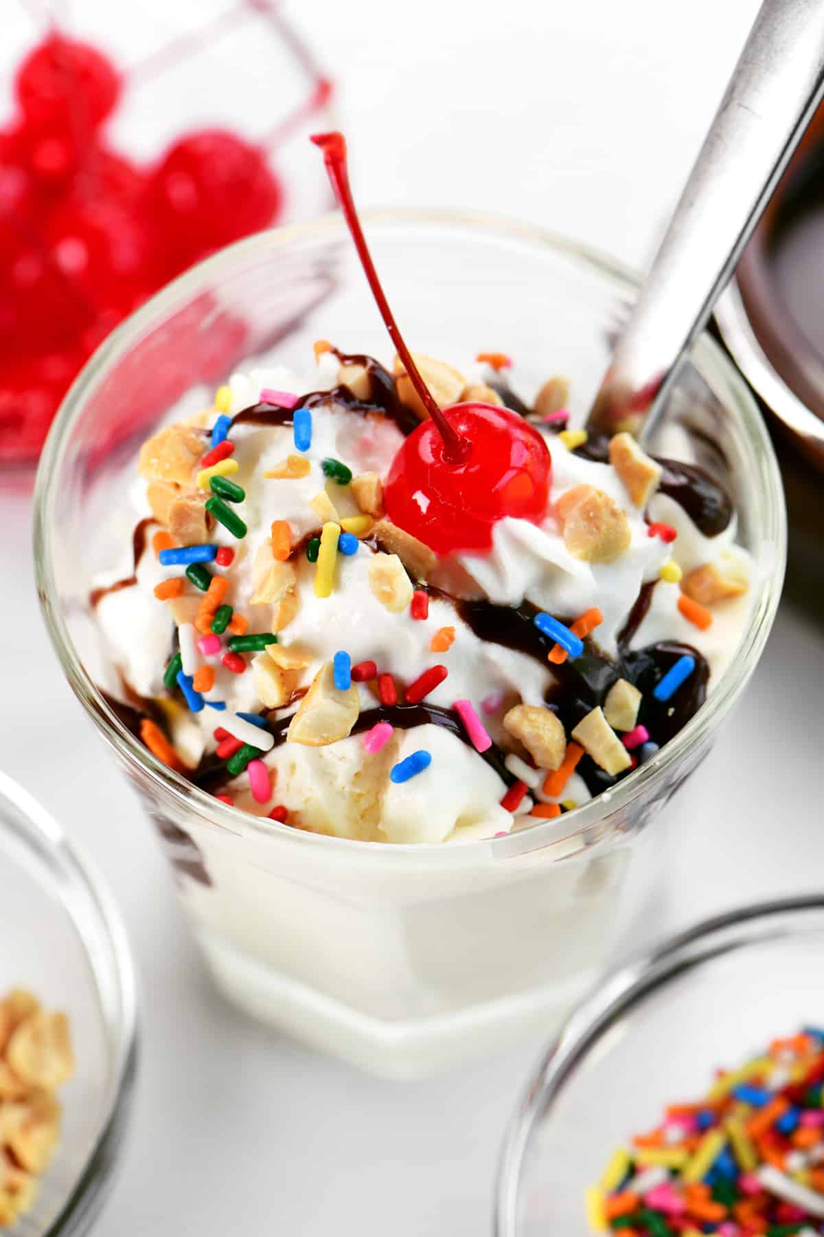 Three ingredient ice cream in a dish with toppings.