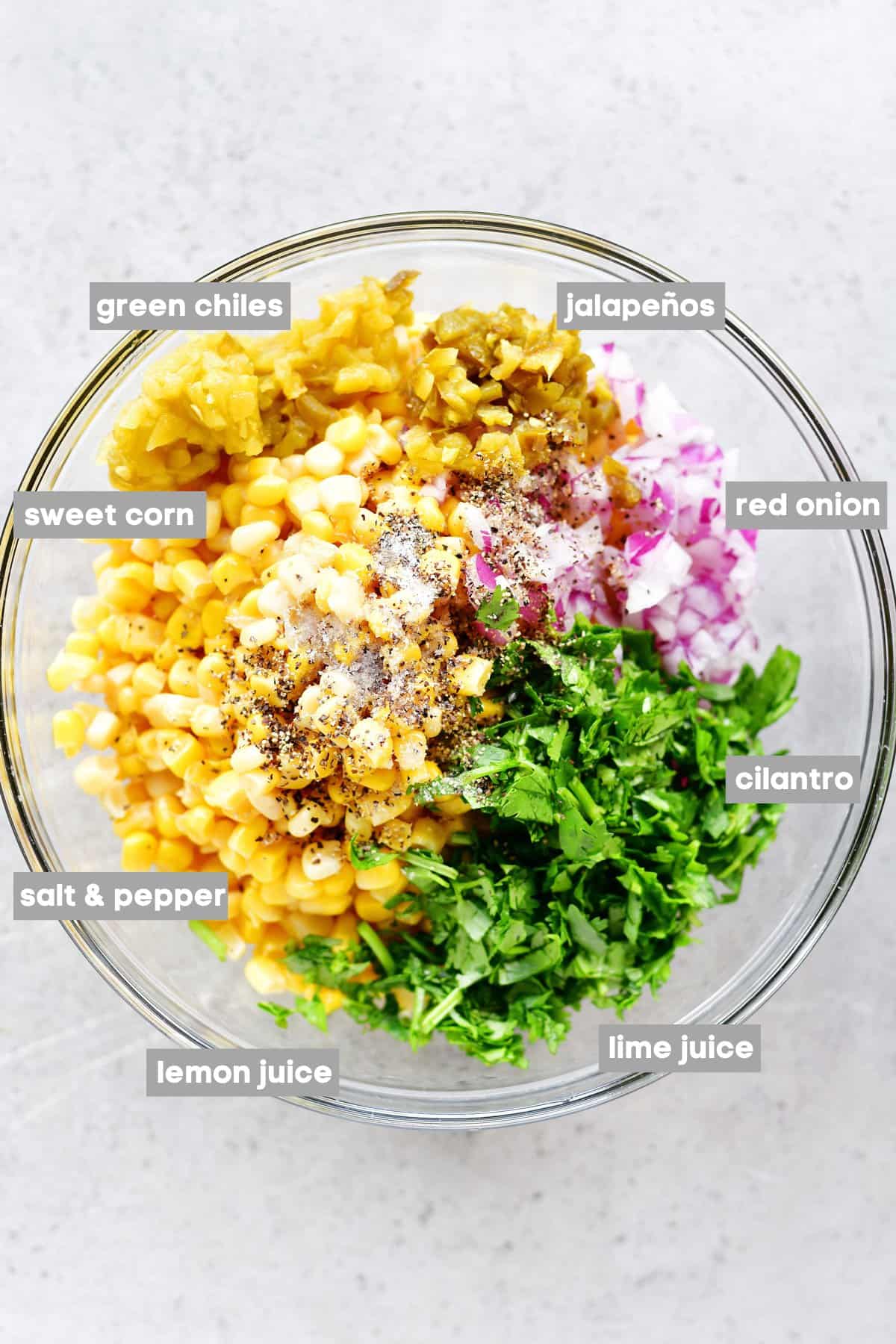 Labeled ingredients in a glass bowl.