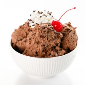 No churn chocolate ice cream in a white bowl.