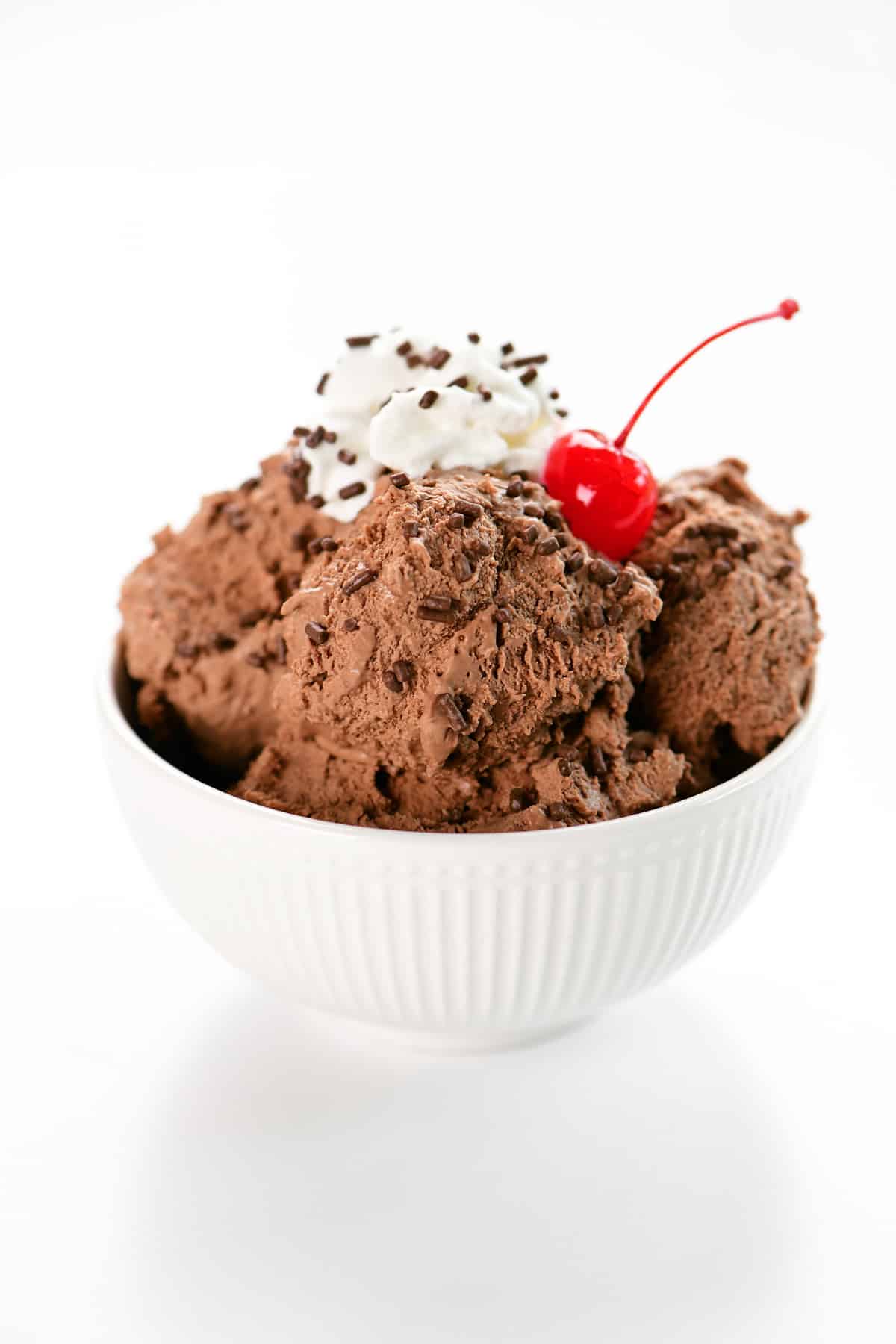 No churn chocolate ice cream in bowl.