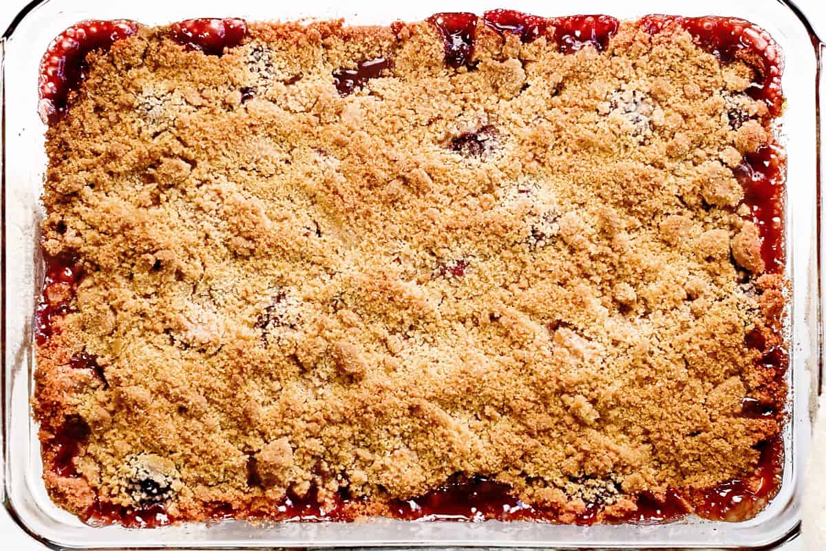Baked and bubbling apple blackberry crumble.