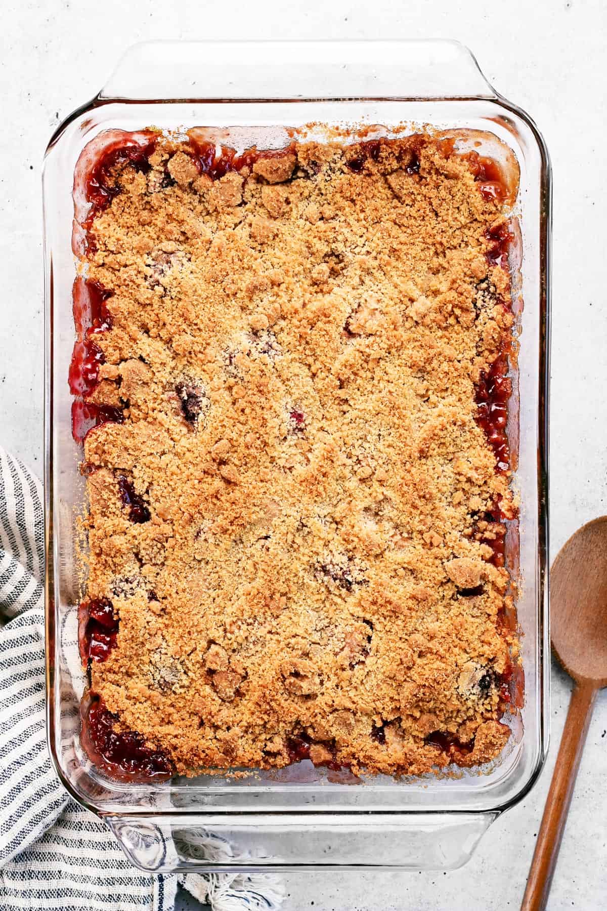 A baking dish of blackberry apple crumble.