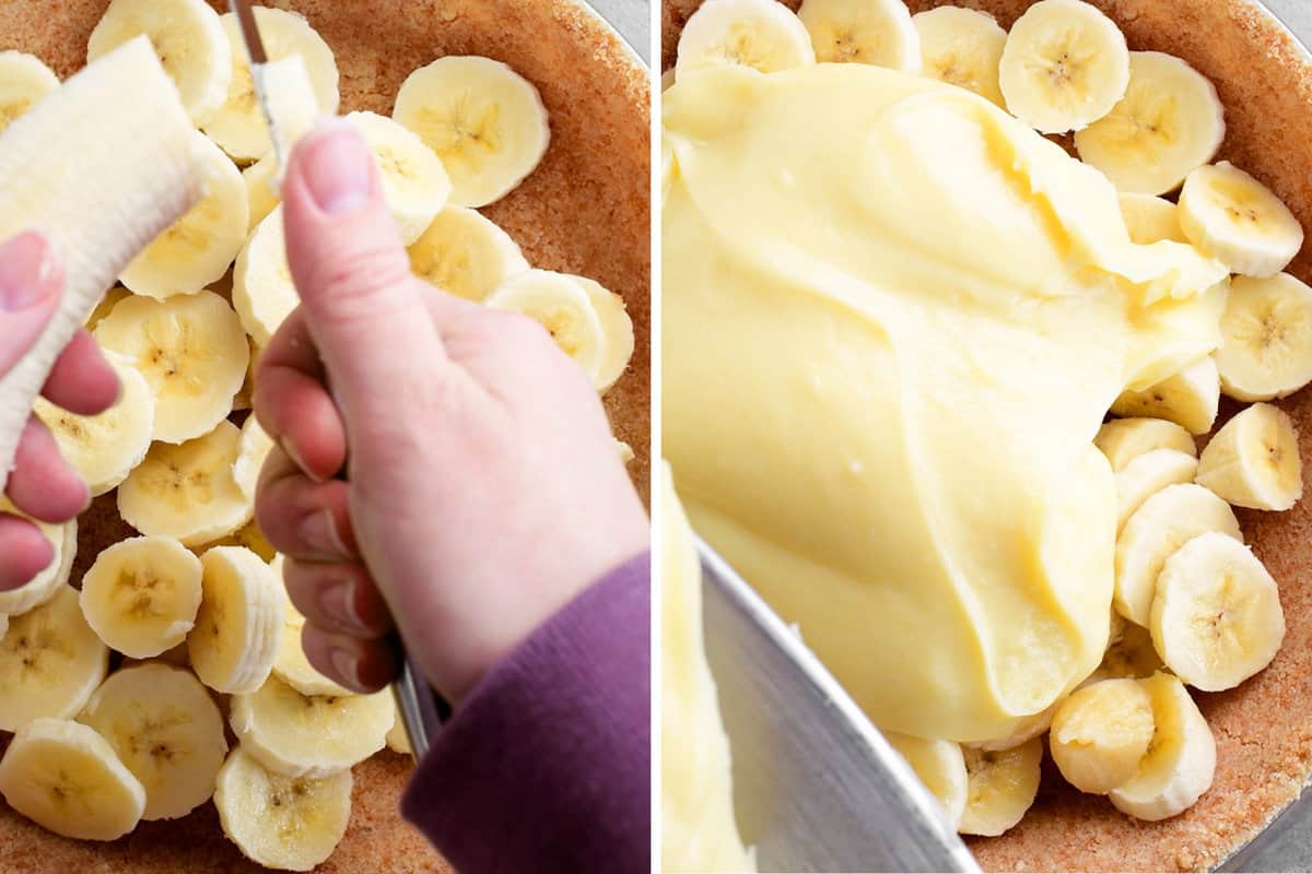 Banana cream pie process steps.