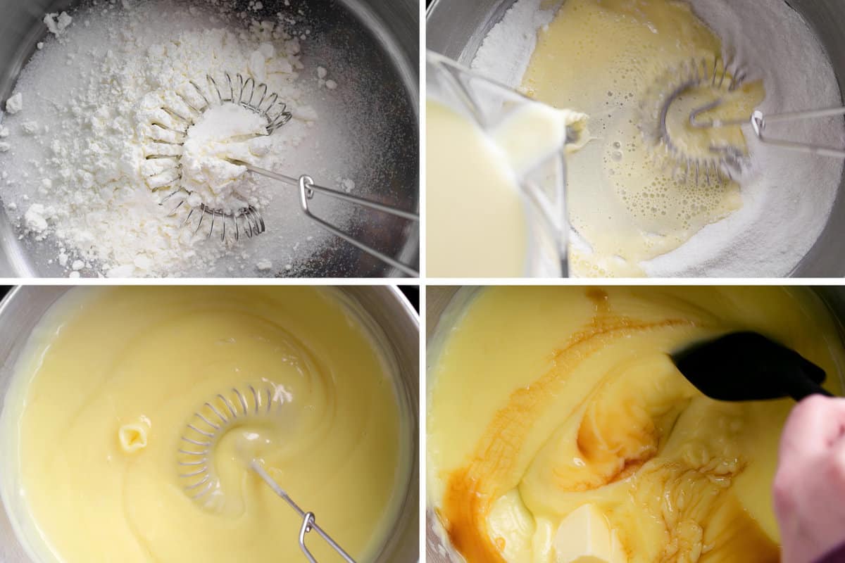 A photo collage showing the process steps to make pudding.