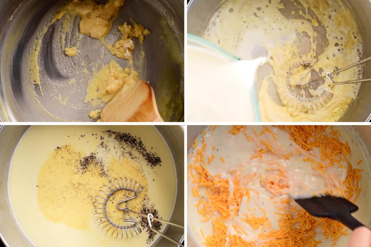 A photo collage of the roux process steps.