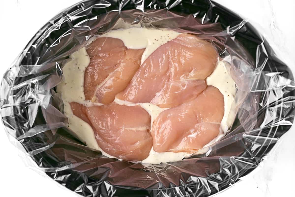Place chicken breasts in alfredo sauce in the crockpot.