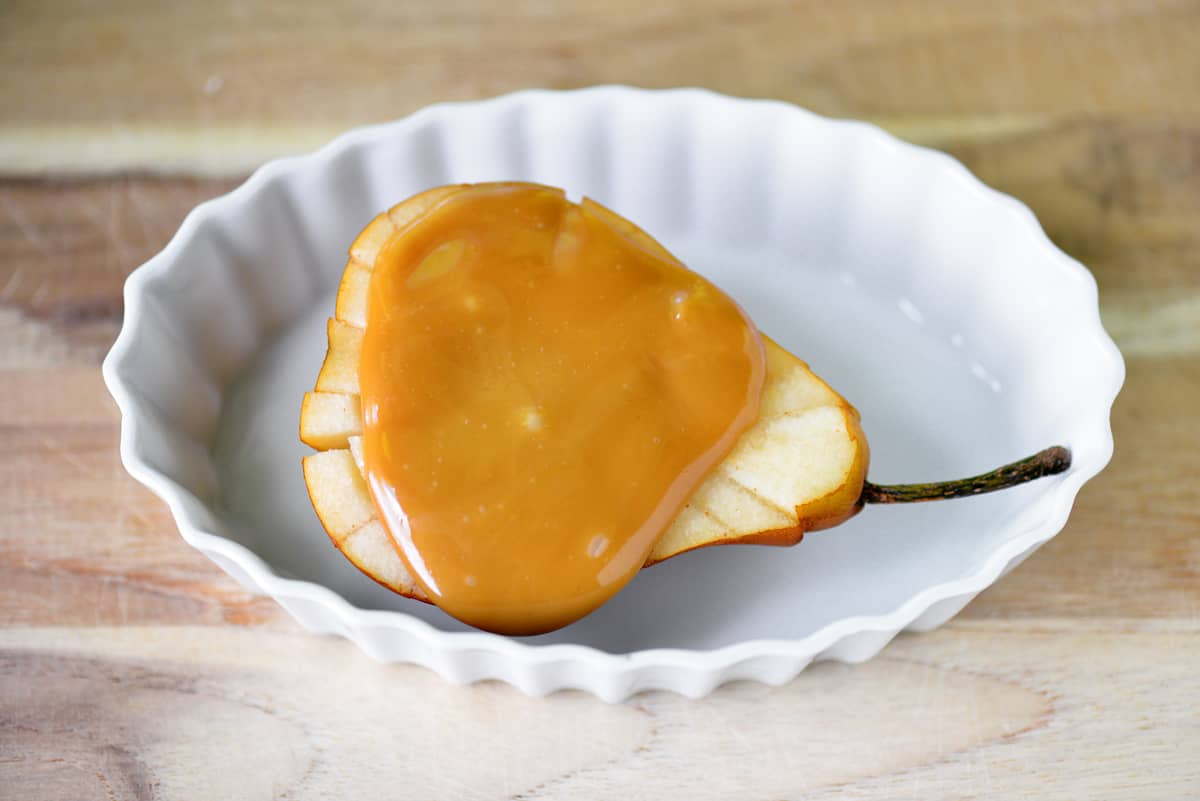 Topped with caramel sauce.