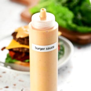 Hamburger sauce in a labeled bottle.