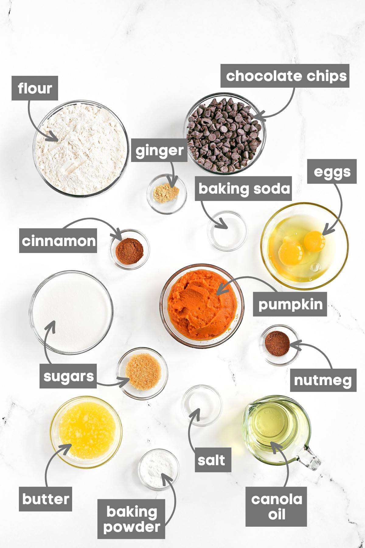 Labeled ingredients in bowls.