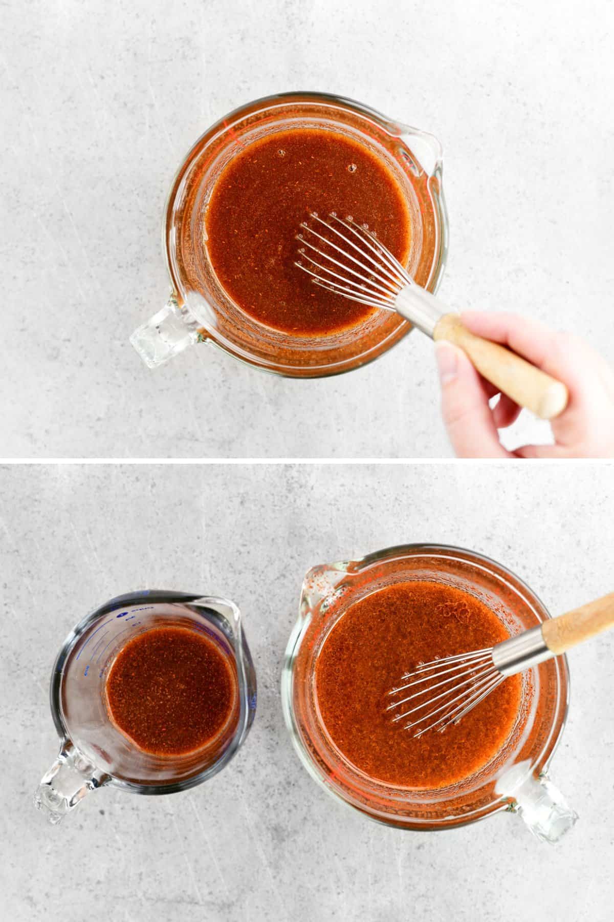 Whisking marinade in a glass bowl.