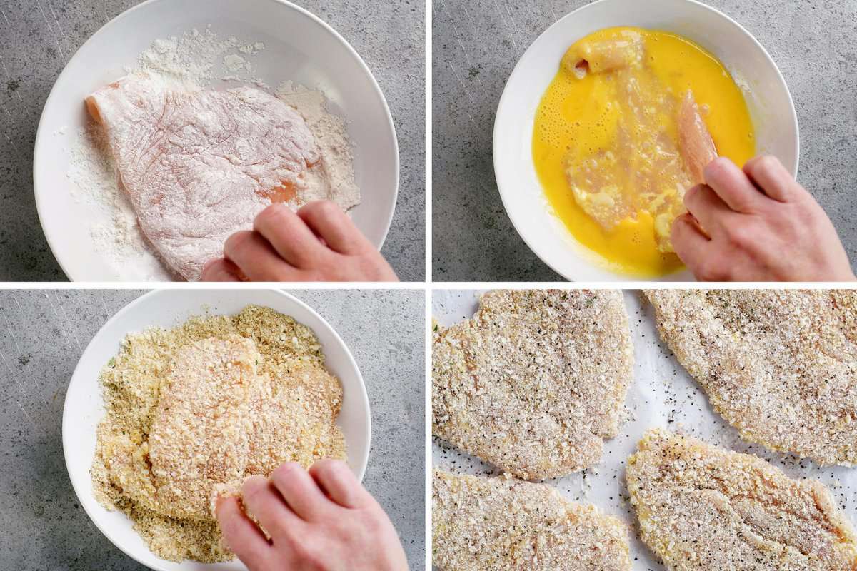 Phot collage showing how to bread chicken.