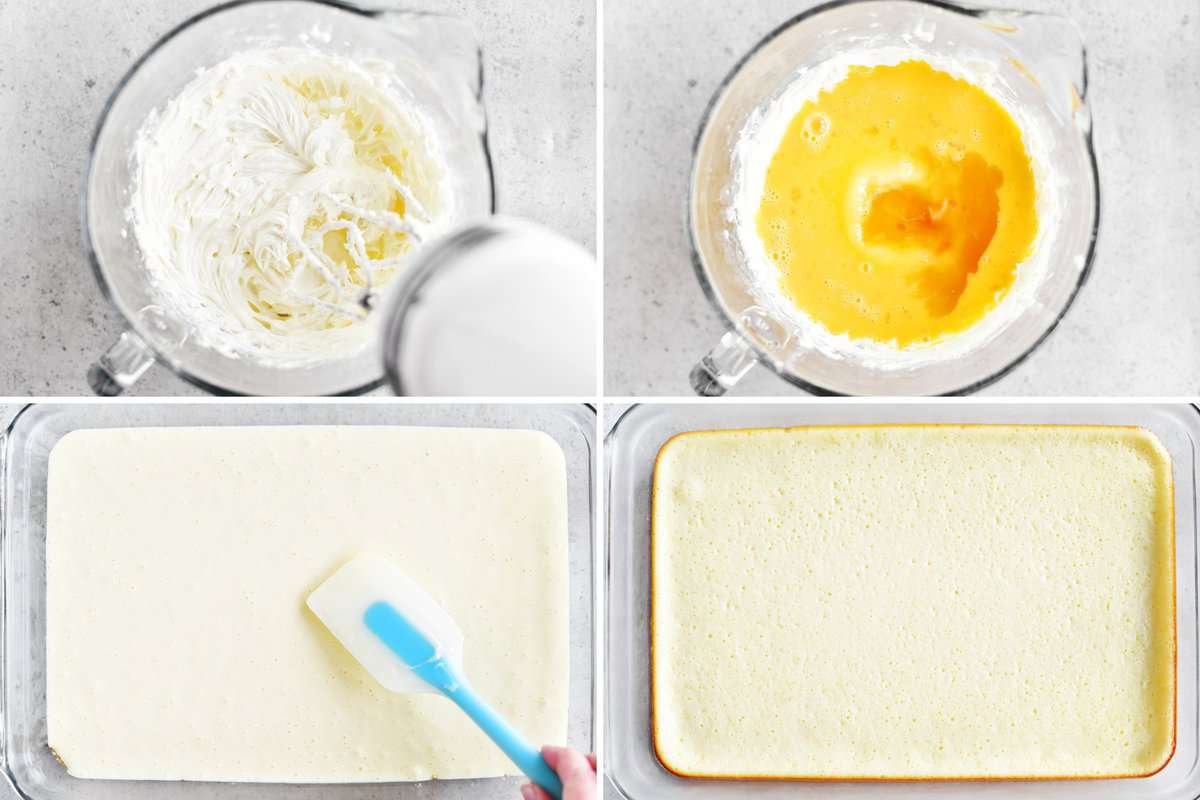 Showing four process steps for making the cheesecake.