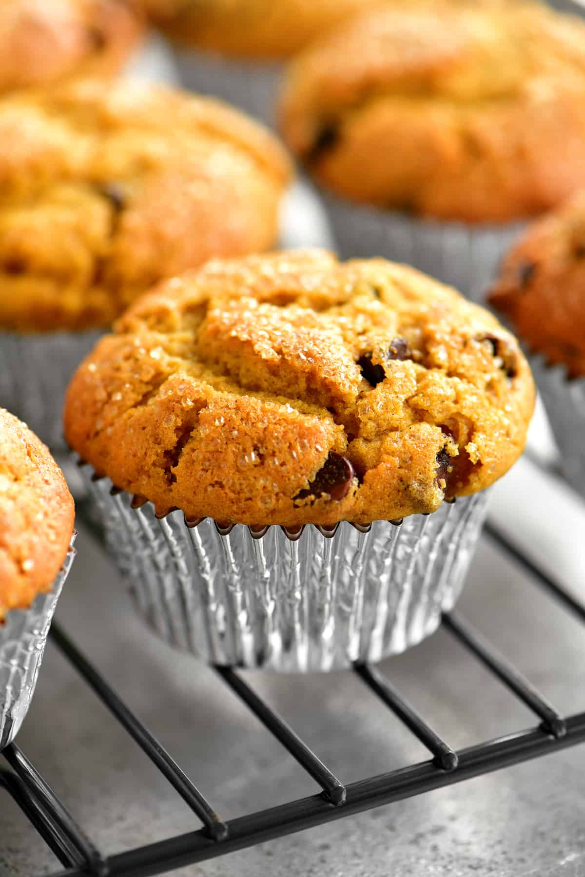 Pumpkin chocolate chips muffins on a wire rack.