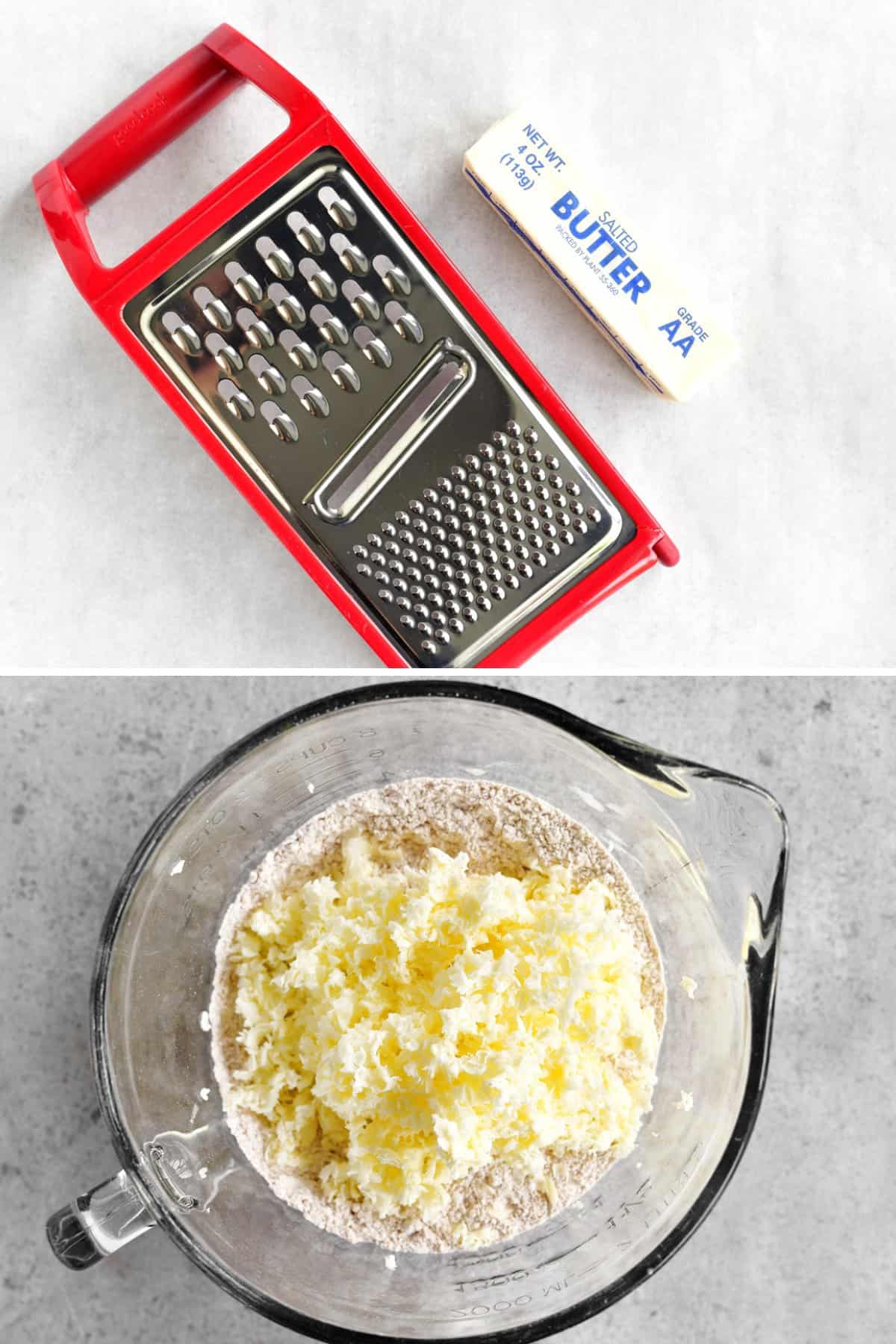 A cheese grater with a stick of butter and grated butter in a mixing bowl.