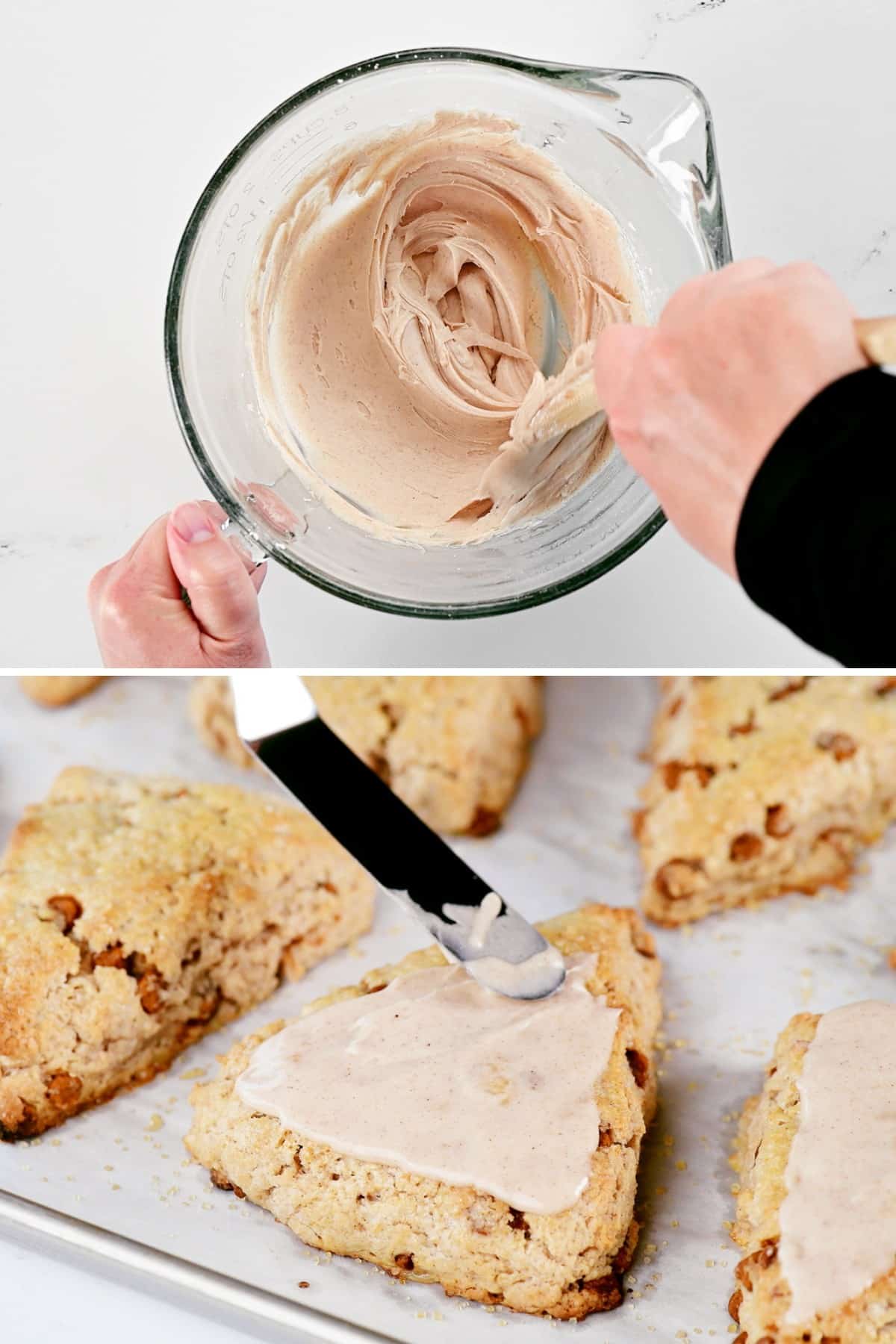 Mix cinnamon icing and spread over scones.