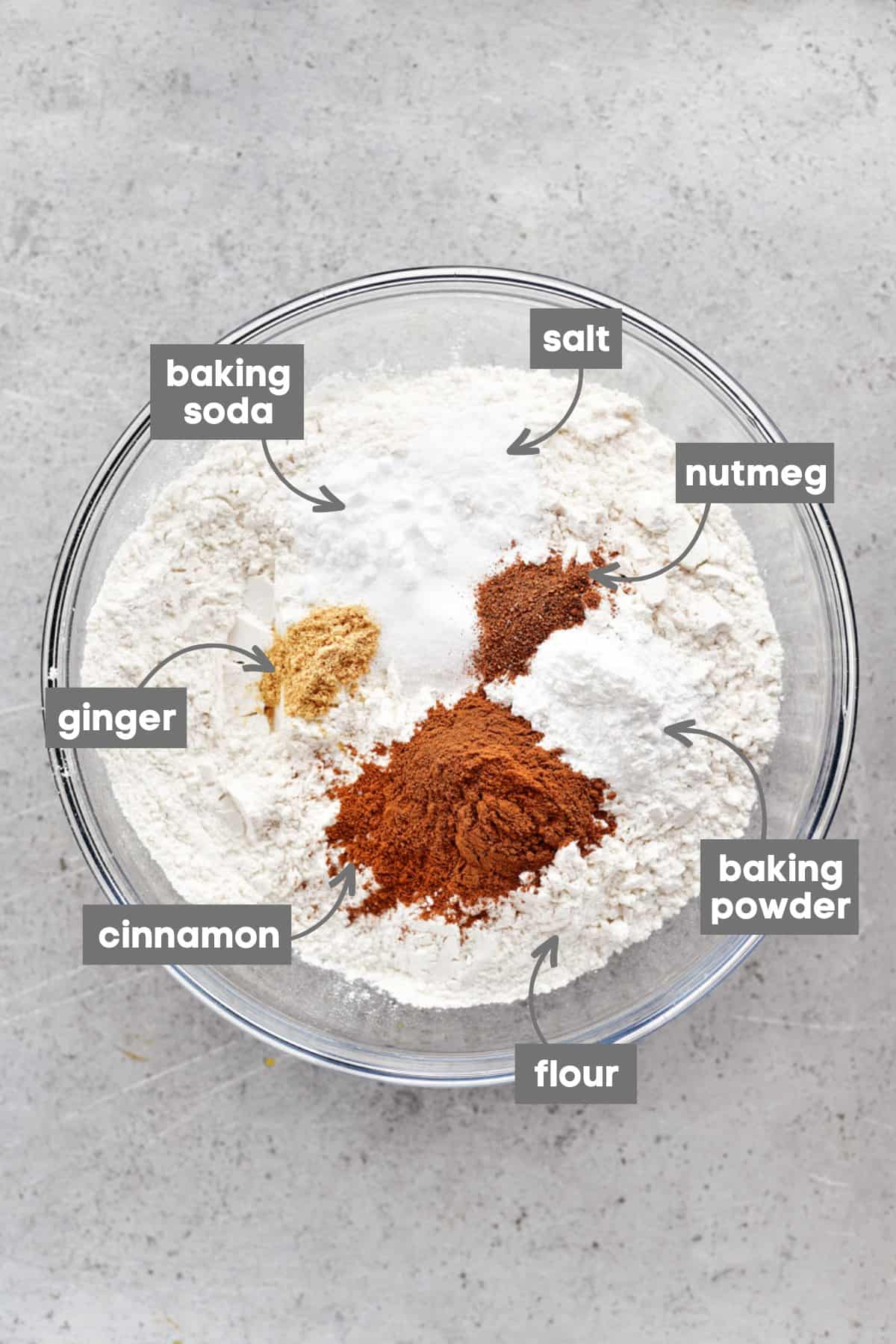 Dry ingredients in a glass bowl.