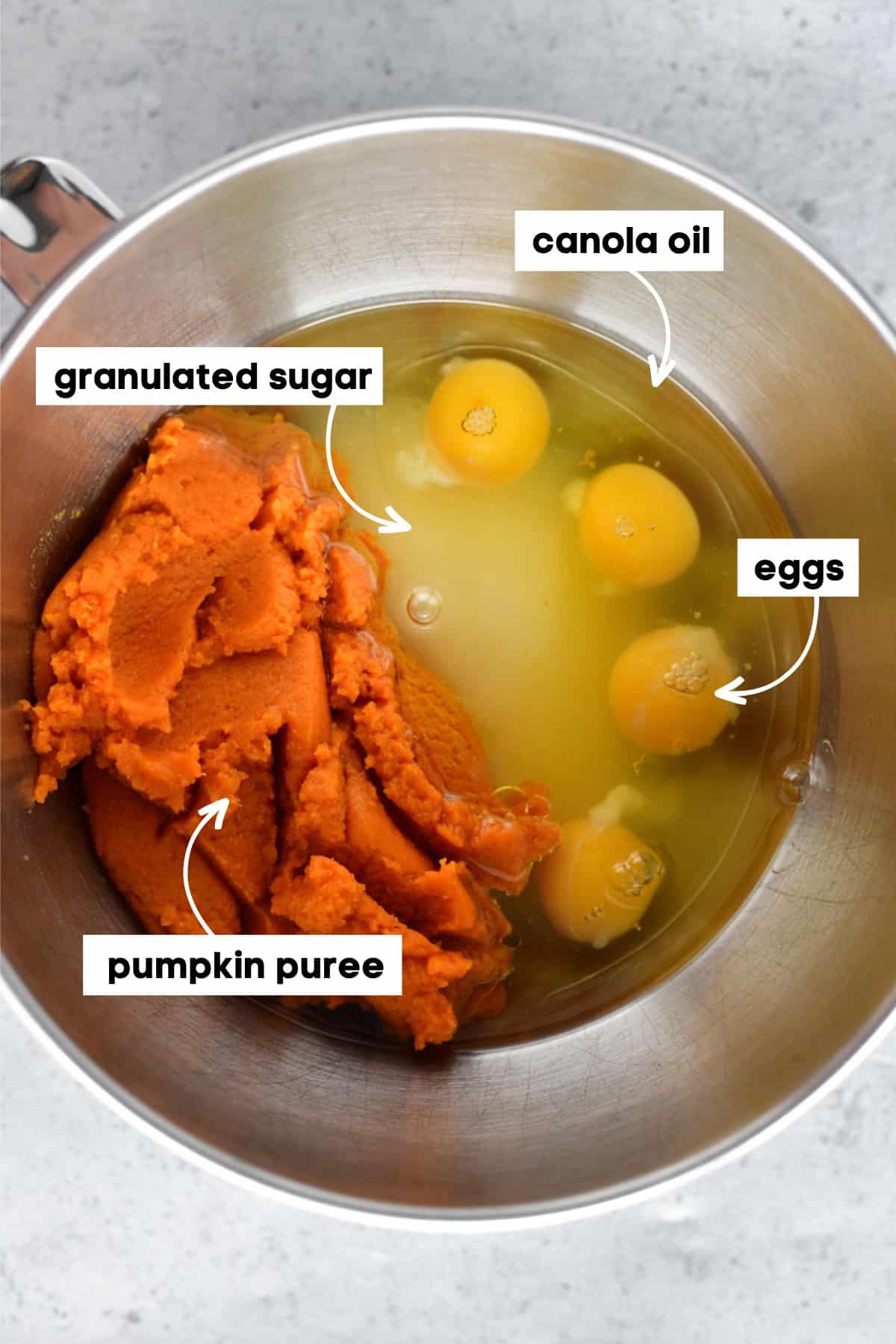 Wet ingredients in a metal bowl.