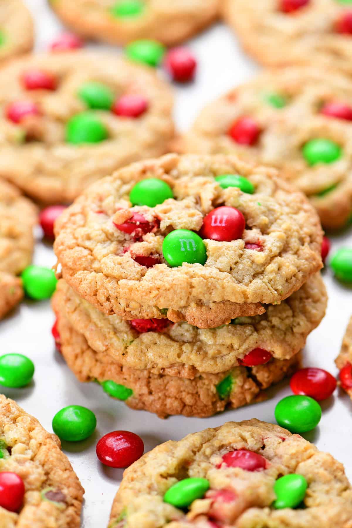 A stack of Christmas oatmeal M&M cookies.