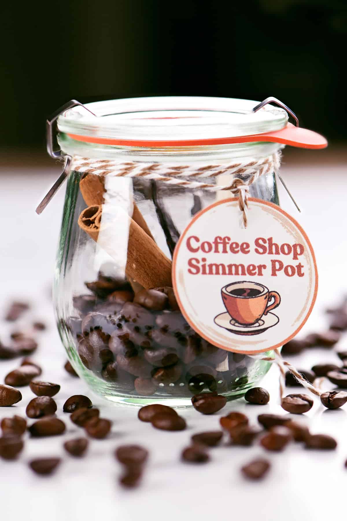Coffee Shop simmer pot ingredients in a glass jar with a custom label.