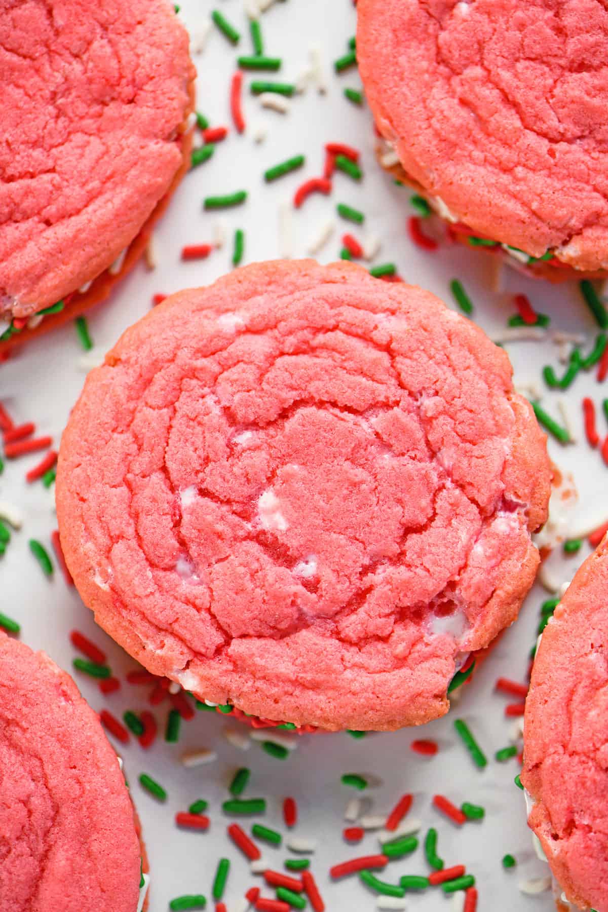 Peppermint whoopie pie filled with peppermint buttercream frosting.