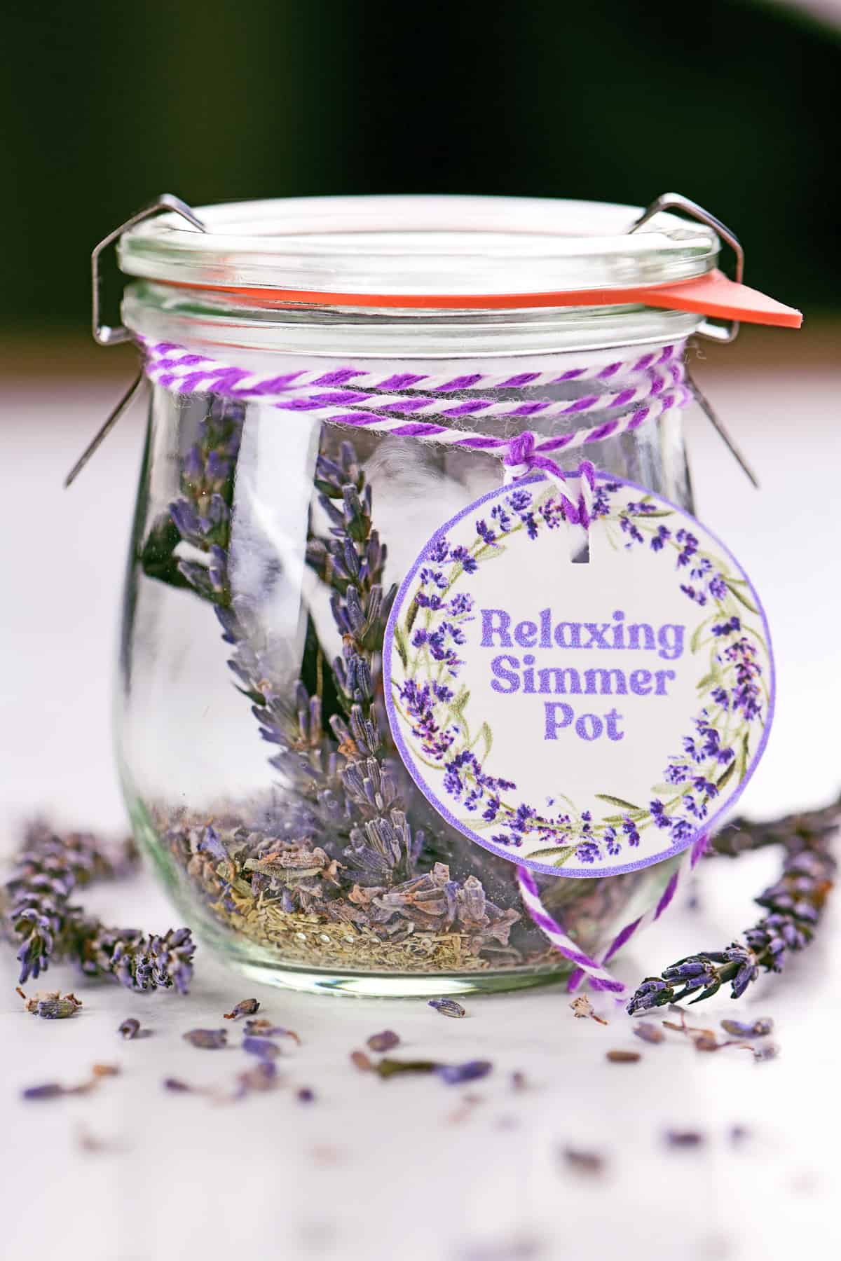 A jar with Relaxing simmering pot ingredients inside.