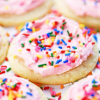 Sugar cookies with buttercream frosting and sprinkles.