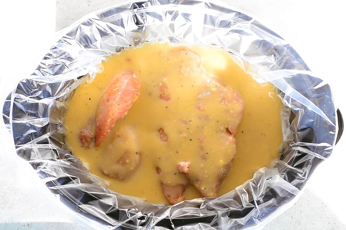 Chicken breast in soup mixture.
