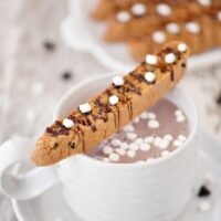 Chocolate chips biscotti with marshmallows on top.