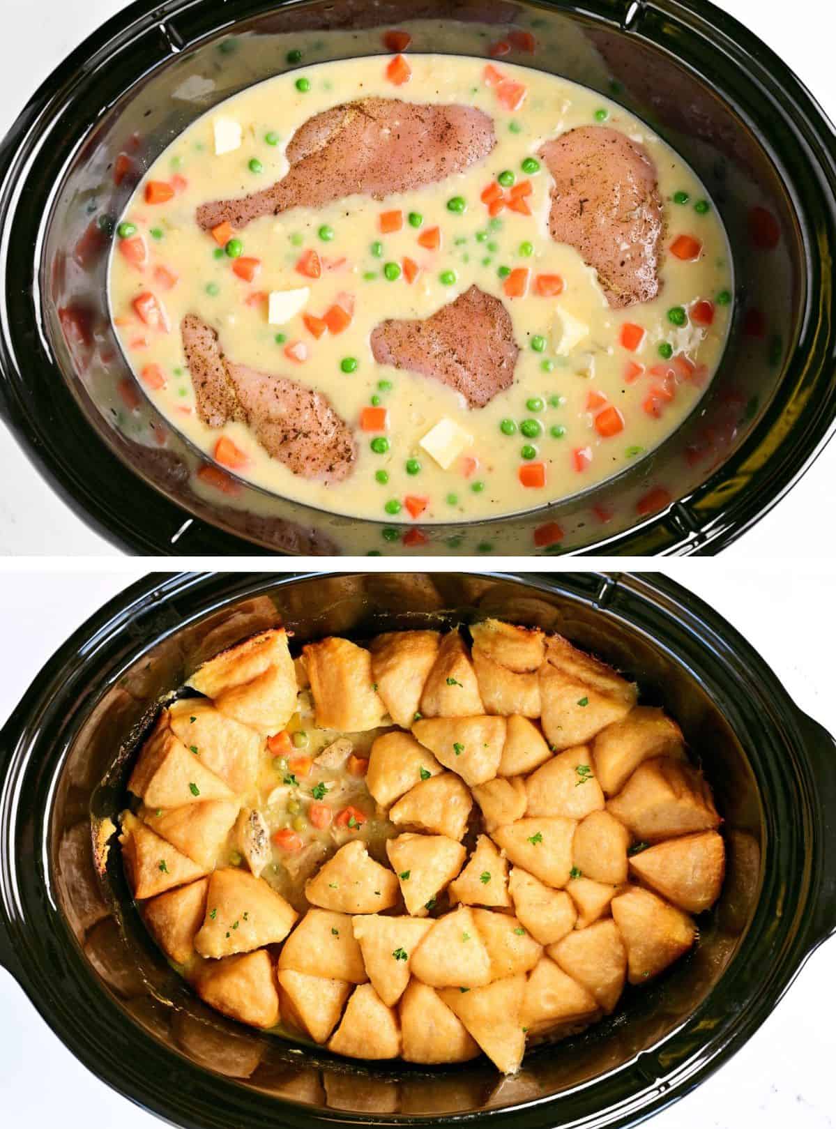 Before and after of crock pot chicken 'n dumplings.
