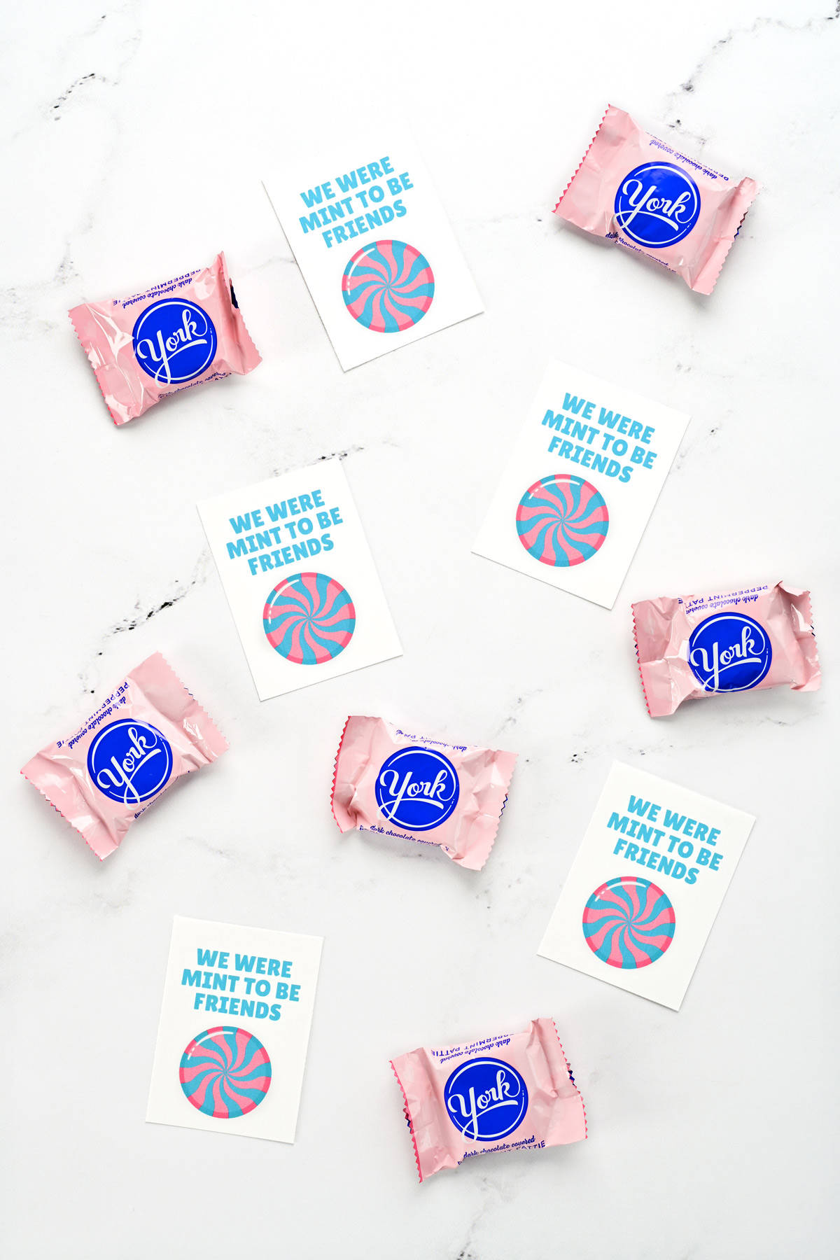 York peppermint patties and printable valentine cards on a countertop.