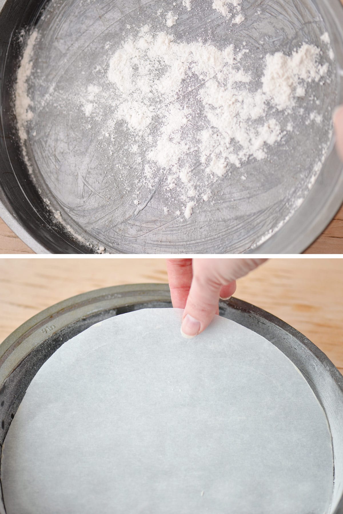 Preparing a round cake pan.