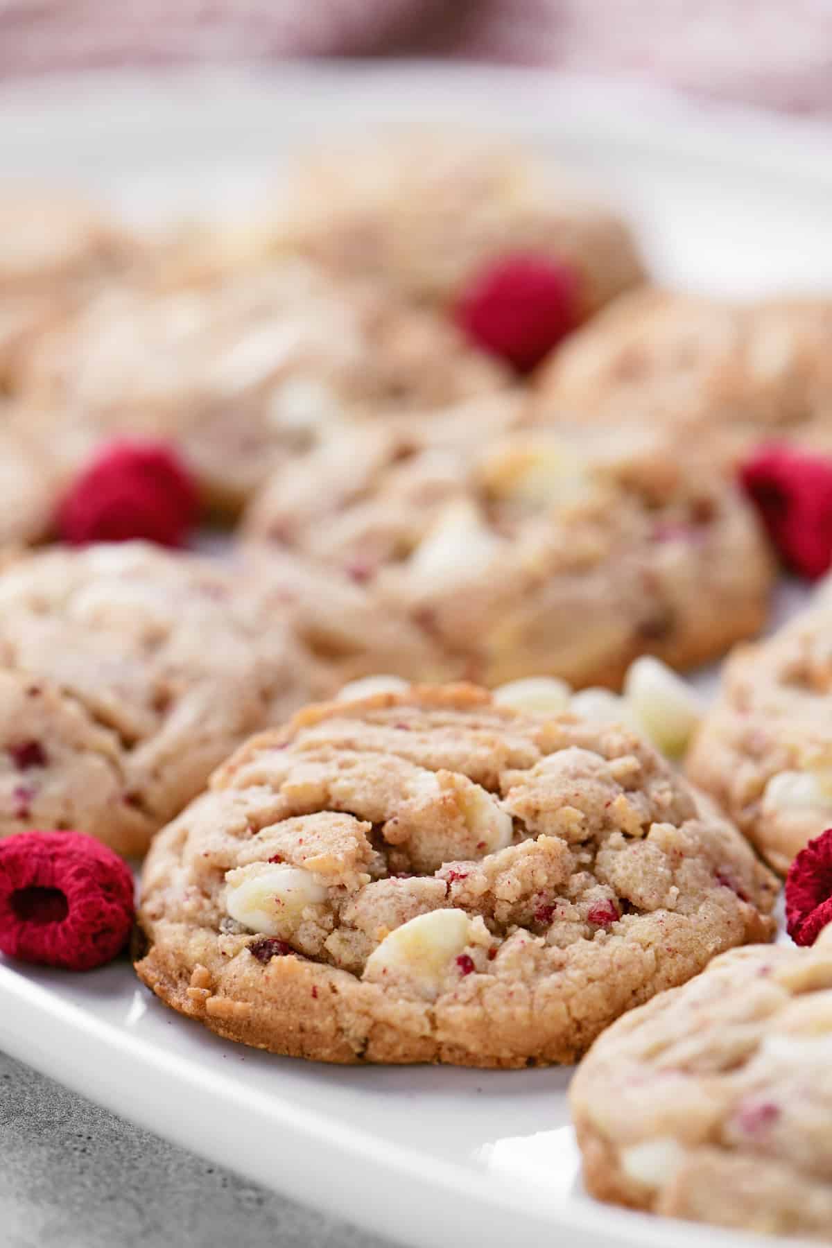 Raspberry cheesecake cookie with white chocolate chips.