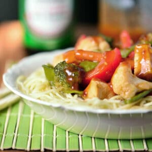 Chicken vegetable stir fry with rice.