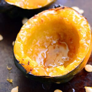 Easy microwave acorn squash with butter and brown sugar.