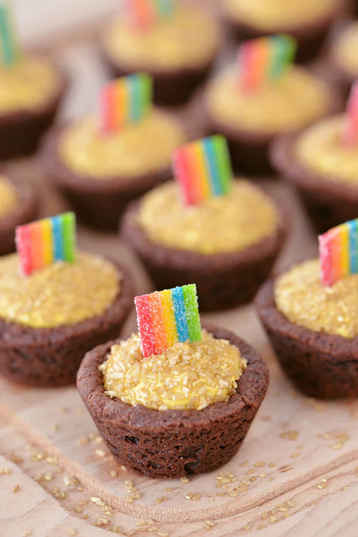 Pot of gold cookies cups with rainbows.