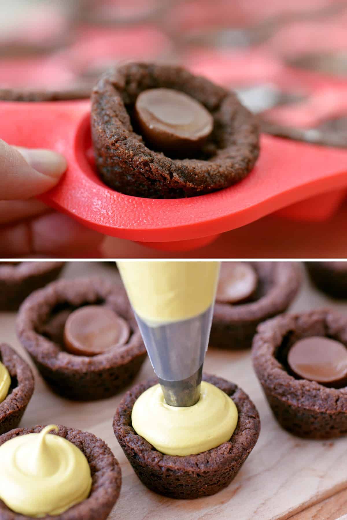 Fill the cookie cups with gold buttercream frosting.