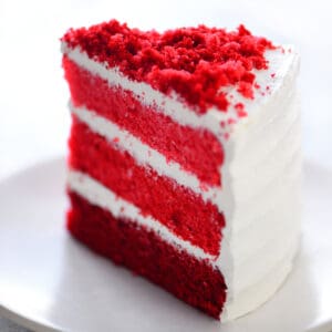 A slice of red layered cake for sweetheart day.