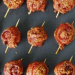Sweet and spice bacon wrapped meatballs.