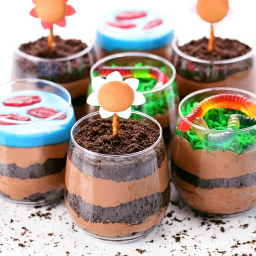 Chocolate pudding dirt cake cups topped with Oreos, gummy fish, gummy worms, and edible flowers.