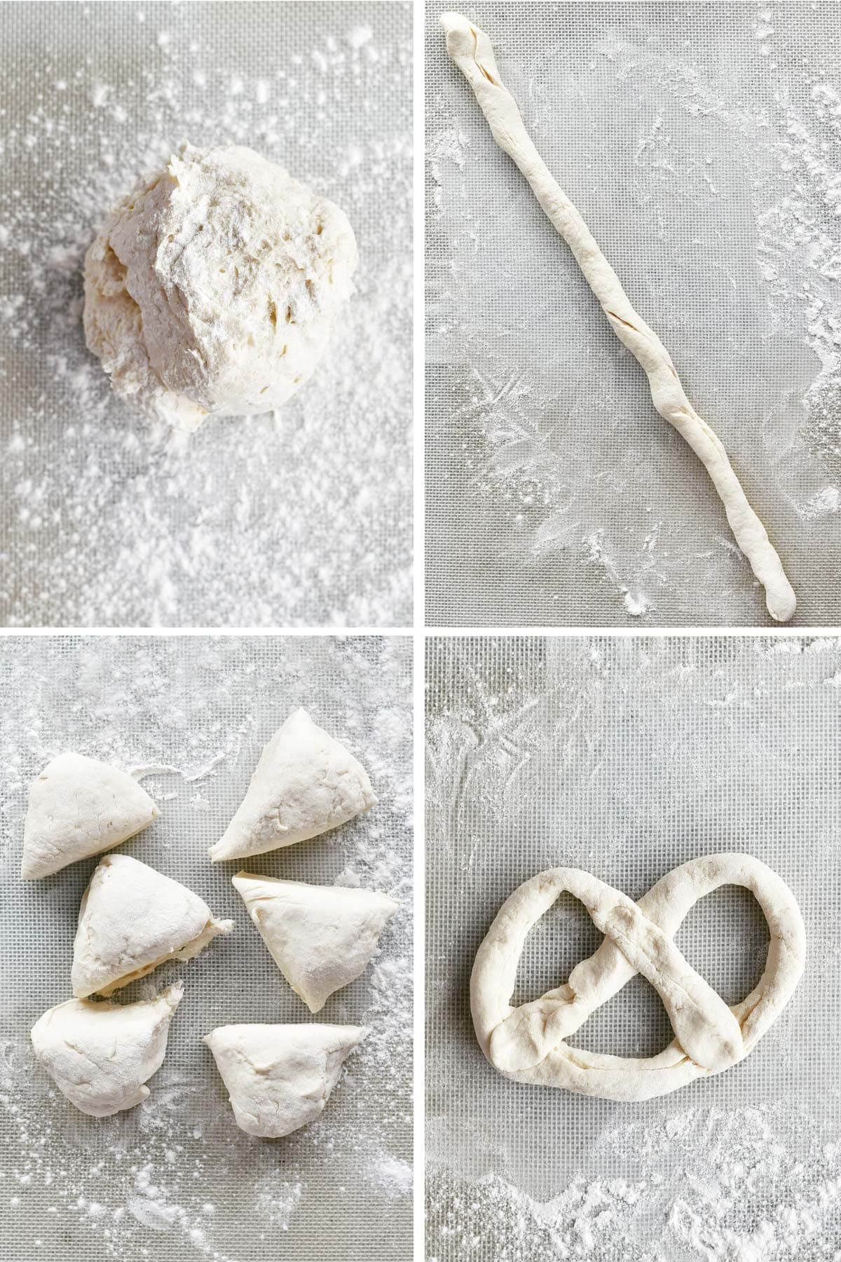 Steps to forming two ingredient dough soft pretzels.