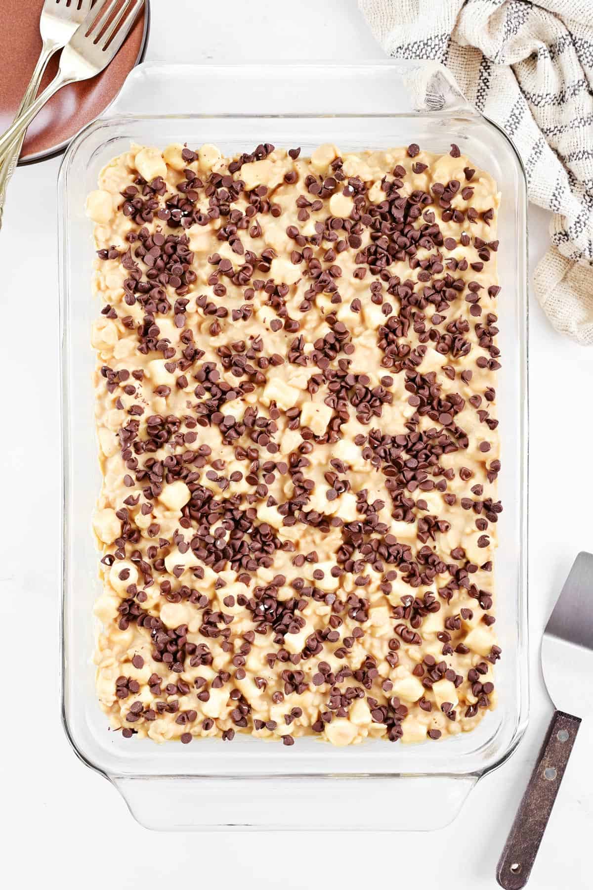 A pan of avalanche bars with mini chocolate chips on top.