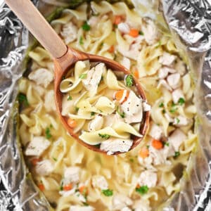 Slow cooker chicken noodle soup in a ladle.